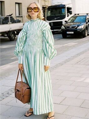 Ganni Smock Green and White Striped Maxi Dress US 2